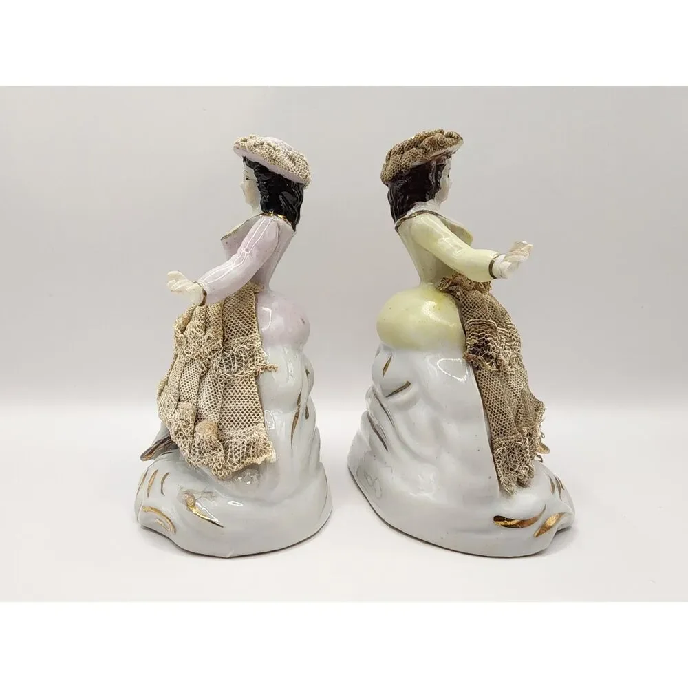 Vintage Porcelain Lace Lady Figurines Pair Pink Green Parasol 5624 5 inches